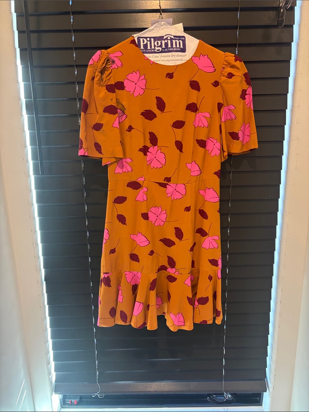 RHODE Mustard Yellow Floral Mini Dress with Pink Flowers